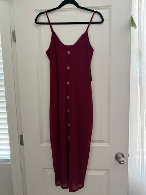 Express Burgundy Ribbed Button-Front Midi Dress